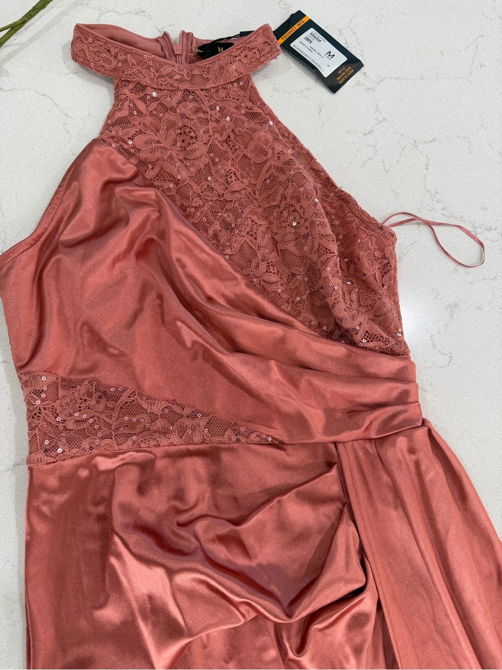 Miusol Rose Pink Halter Satin Prom Gown with Sequin Bodice - Picture 5 of 7